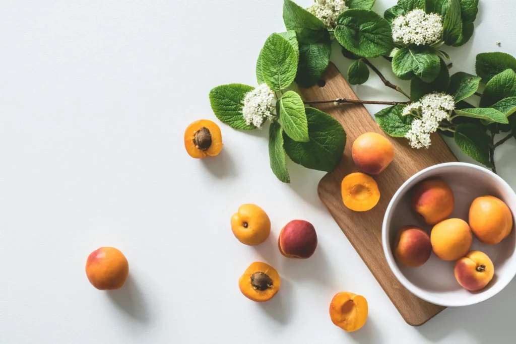 An overhead view of a beautifully arranged food flatlay on a rustic wooden background.